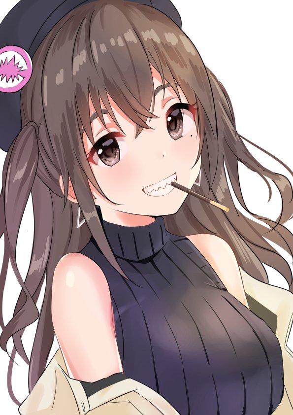 1girl bangs bare_shoulders beret black_hat black_sweater blush breasts brown_eyes brown_hair commentary_request food grin hat head_tilt idolmaster idolmaster_cinderella_girls jacket koukoku long_hair looking_at_viewer medium_breasts mole mole_under_eye mouth_hold off_shoulder open_clothes open_jacket pocky ribbed_sweater sharp_teeth sidelocks simple_background sleeveless sleeveless_turtleneck smile solo sunazuka_akira sweater teeth turtleneck two_side_up upper_body white_background white_jacket