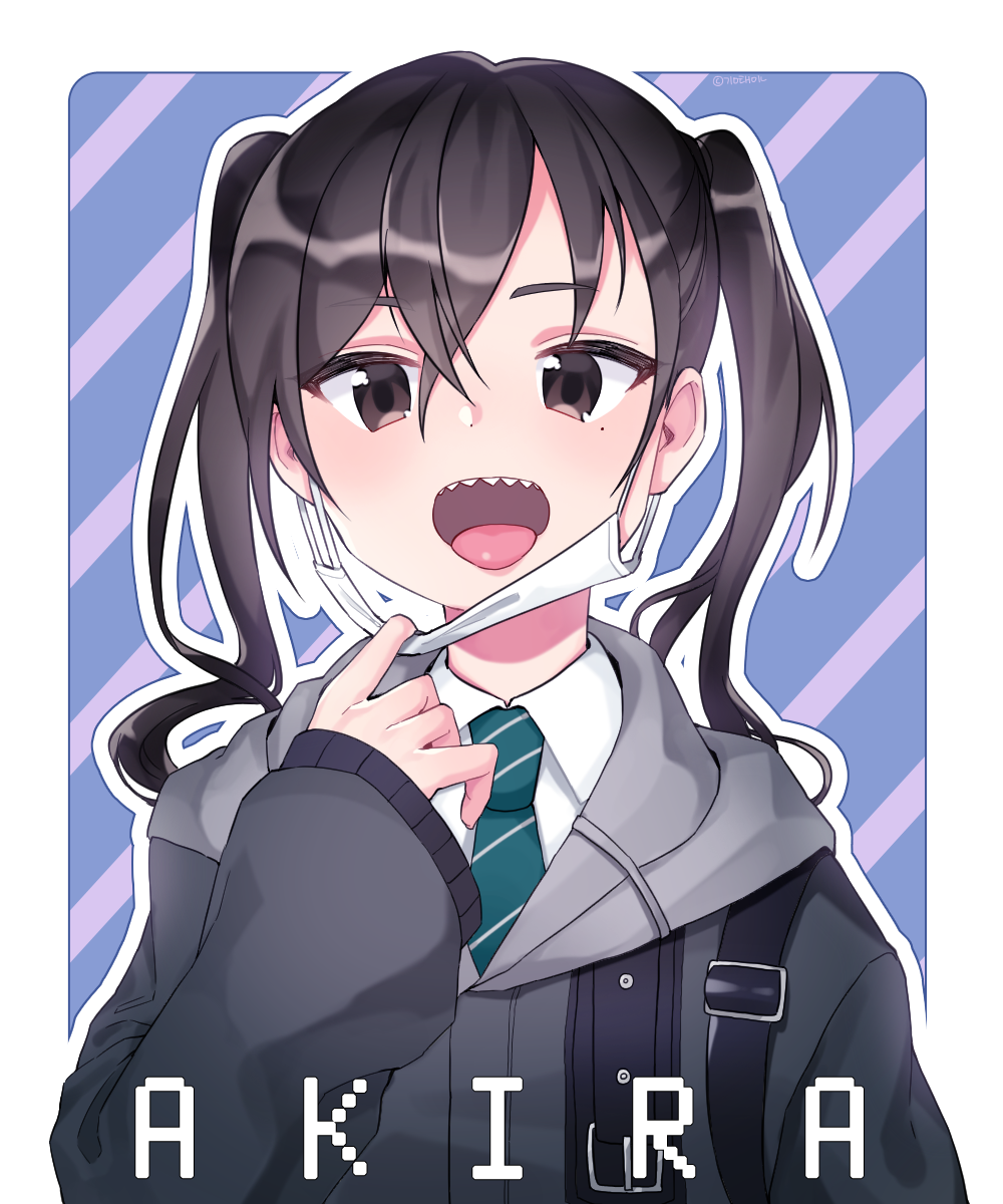 1girl :d bangs black_jacket brown_eyes brown_hair character_name collared_shirt hair_between_eyes hand_up highres hood hood_down hooded_jacket idolmaster idolmaster_cinderella_girls jacket long_hair long_sleeves looking_at_viewer mask_pull mole mole_under_eye necktie open_mouth sharp_teeth shirt sidelocks sleeves_past_wrists smile solo striped striped_background striped_neckwear sunazuka_akira surgical_mask taemin teeth tongue tongue_out twintails upper_body wavy_hair white_shirt