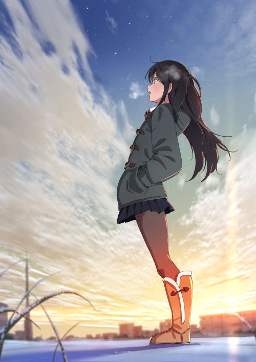 1girl black_skirt blue_sky blush boots brown_footwear brown_hair brown_legwear cityscape clouds cloudy_sky domo1220 green_jacket hand_in_pocket hood hood_down hooded_jacket jacket knee_boots leaning_forward long_hair long_sleeves looking_away original outdoors pantyhose parted_lips pleated_skirt profile skirt sky snow solo standing sunset very_long_hair