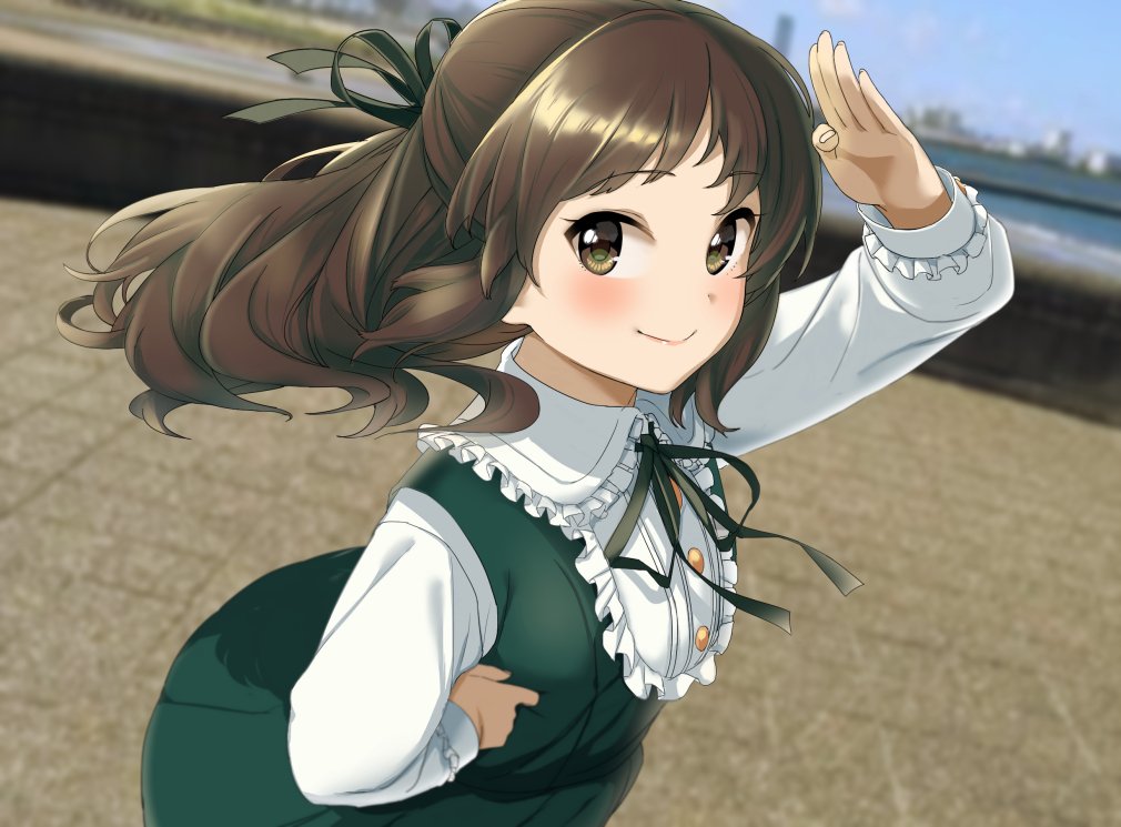 1girl bangs blush bow bowtie brown_eyes brown_hair cityscape collar collared_dress commentary day dress fingernails frilled_collar frills green_dress hand_on_hip idolmaster idolmaster_cinderella_girls lips long_hair long_sleeves looking_at_viewer outdoors photo_background salute smile solo standing tachibana_arisu wotori
