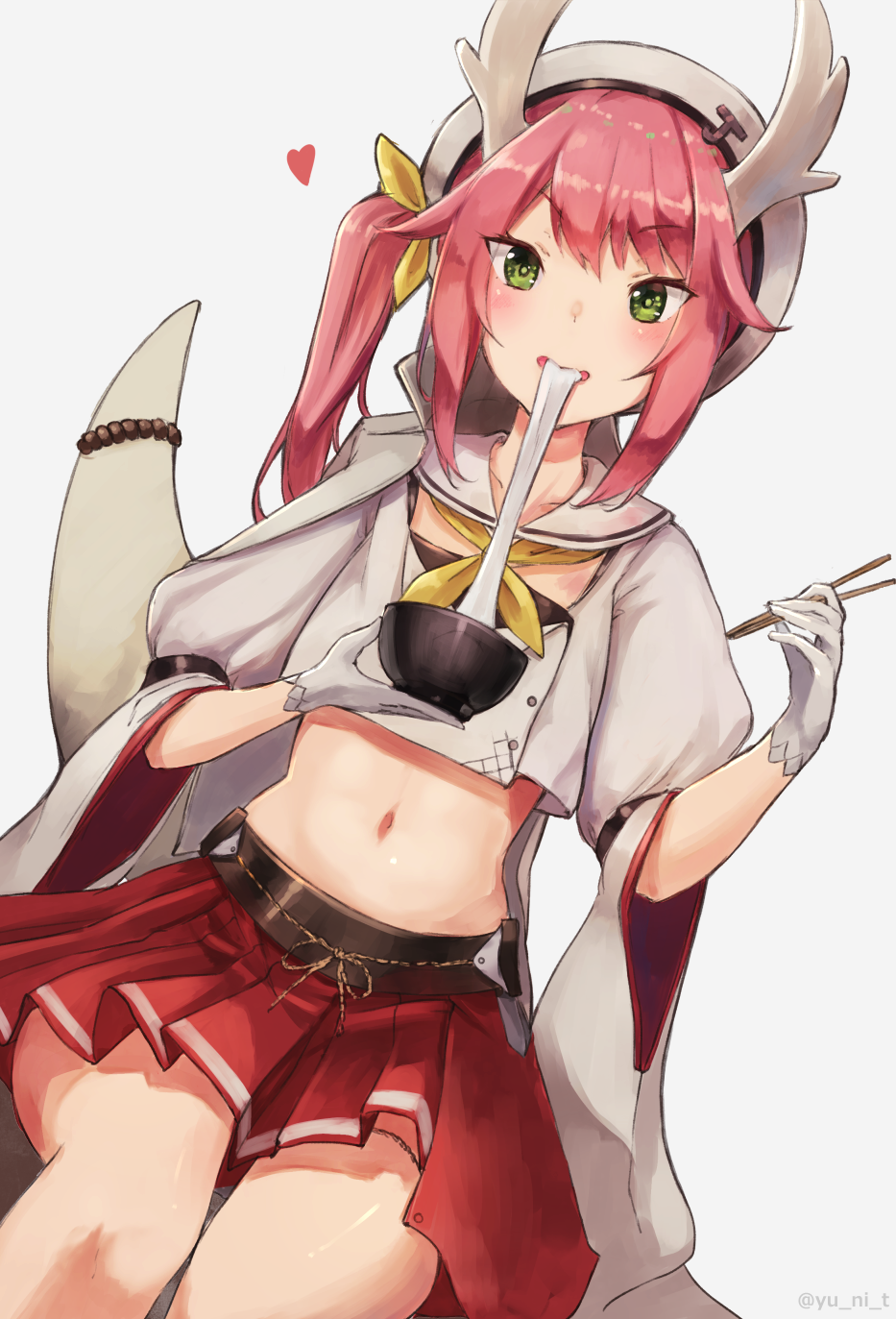 1girl azur_lane bangs beret bowl chopsticks collarbone commentary_request crop_top detached_collar dragon_horns dragon_tail dutch_angle eating food gloves green_eyes grey_background hair_ribbon hand_up hat heart highres holding holding_bowl holding_chopsticks horns long_hair looking_at_viewer midriff miniskirt navel neckerchief parted_lips pink_hair pleated_skirt puffy_sleeves red_skirt ribbon ryuujou_(azur_lane) sailor_collar shirt side_ponytail sidelocks simple_background sitting skirt solo stomach tail twitter_username v-shaped_eyebrows white_gloves white_hat white_sailor_collar white_shirt wide_sleeves yellow_neckwear yellow_ribbon yu_ni_t