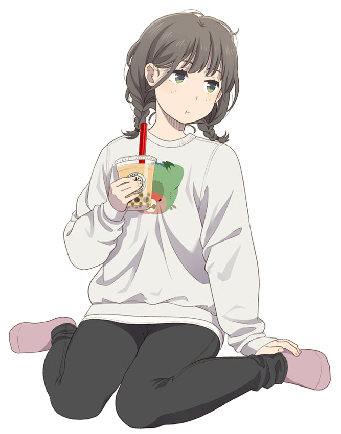 1girl :t braid brown_hair cup disposable_cup drinking_straw green_eyes holding holding_cup mattaku_mousuke original sitting solo twin_braids wariza white_background