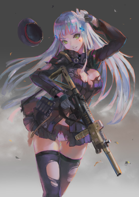 1girl assault_rifle black_legwear breasts cleavage denki girls_frontline gloves green_eyes gun h&amp;k_hk416 hat hk416_(girls_frontline) holding holding_gun holding_weapon jacket large_breasts long_hair looking_at_viewer panties pink_panties pleated_skirt rifle silver_hair skirt solo thigh-highs torn_clothes torn_legwear underwear weapon white_gloves