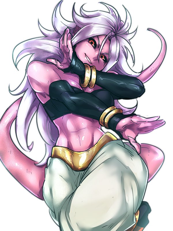 1girl abs android_21 android_21_(evil) black_sclera black_tank_top bracelet breasts detached_sleeves dragon_ball dragon_ball_fighterz evil_smile fingerless_gloves gloves head_tilt jewelry leg_lift long_hair majin_android_21 monster_girl pants puffy_pants red_eyes simple_background smile solo st62svnexilf2p9 tail tank_top white_background white_hair white_pants