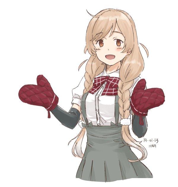 1girl arm_warmers artist_name bow bowtie braid cowboy_shot dated kantai_collection kawashina_(momen_silicon) light_brown_hair long_hair minegumo_(kantai_collection) oven_mitts plaid_neckwear pleated_skirt red_eyes red_neckwear school_uniform shirt short_sleeves simple_background skirt solo suspender_skirt suspenders twin_braids white_background white_shirt
