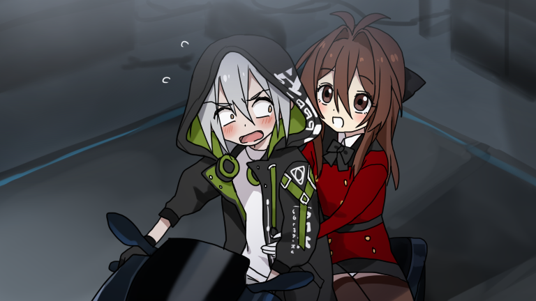 2girls aek-999_(girls_frontline) blush brown_eyes brown_hair deathalice female_commander_(girls_frontline) girls_frontline ground_vehicle hood hooded_jacket hug hug_from_behind jacket karakai_jouzu_no_takagi-san motor_vehicle motorcycle multiple_girls open_mouth parody road silver_hair sweat