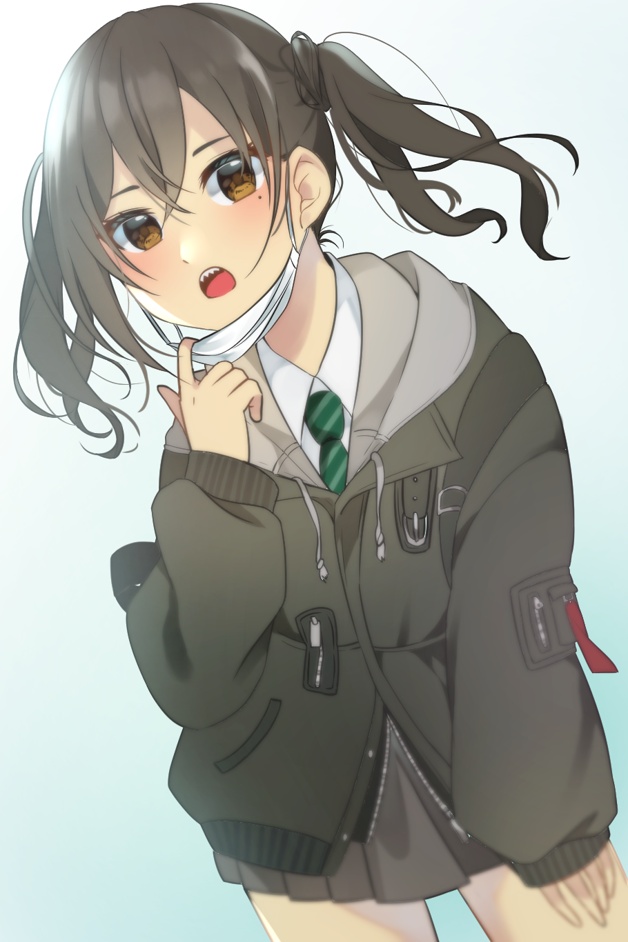 1girl :o bangs black_jacket black_skirt blush brown_eyes brown_hair collared_shirt cowboy_shot drawstring gradient gradient_background green_neckwear hair_between_eyes hand_up haruno_(haruno_na) highres hood hood_down hooded_jacket idolmaster idolmaster_cinderella_girls jacket long_hair long_sleeves looking_at_viewer mask_pull miniskirt mole mole_under_eye necktie open_mouth pleated_skirt school_uniform sharp_teeth shirt sidelocks skirt sleeves_past_wrists solo standing striped striped_neckwear sunazuka_akira surgical_mask teeth twintails white_shirt zipper