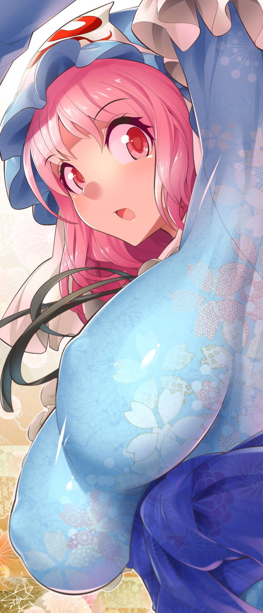 1girl arm_up bangs blue_hat blush breasts commentary_request erect_nipples eyebrows_visible_through_hair floral_print hat highres large_breasts looking_at_viewer mob_cap open_mouth pink_eyes pink_hair saigyouji_yuyuko sash short_hair solo touhou triangular_headpiece umigarasu_(kitsune1963) upper_body