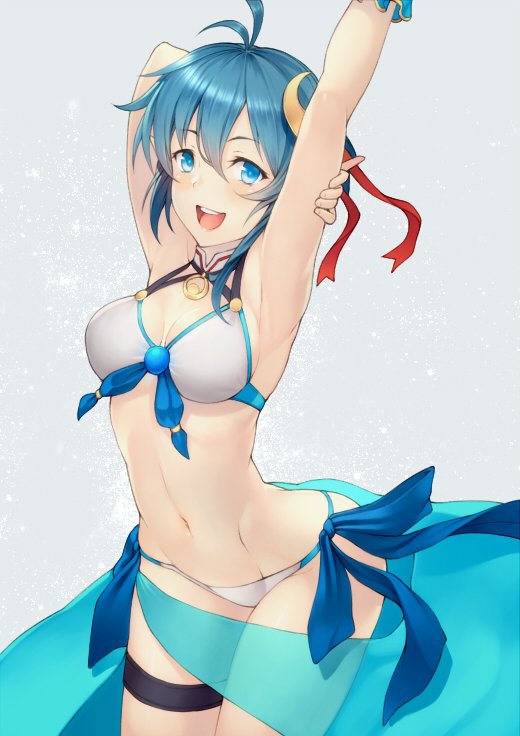 1girl blue_eyes blue_hair breasts cleavage crescent crescent_hair_ornament groin hair_ornament looking_at_viewer medium_breasts navel open_mouth pointy_ears rena_lanford short_hair smile solo star_ocean star_ocean_the_second_story swimsuit