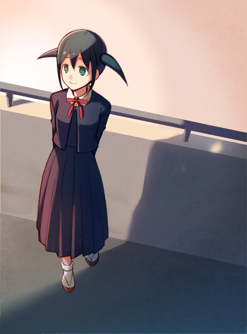 1girl black_hair green_eyes hakka0320 long_skirt nemoto_hina pleated_skirt railing school_uniform shoes skirt solo standing uwabaki watashi_ga_motenai_no_wa_dou_kangaetemo_omaera_ga_warui! younger