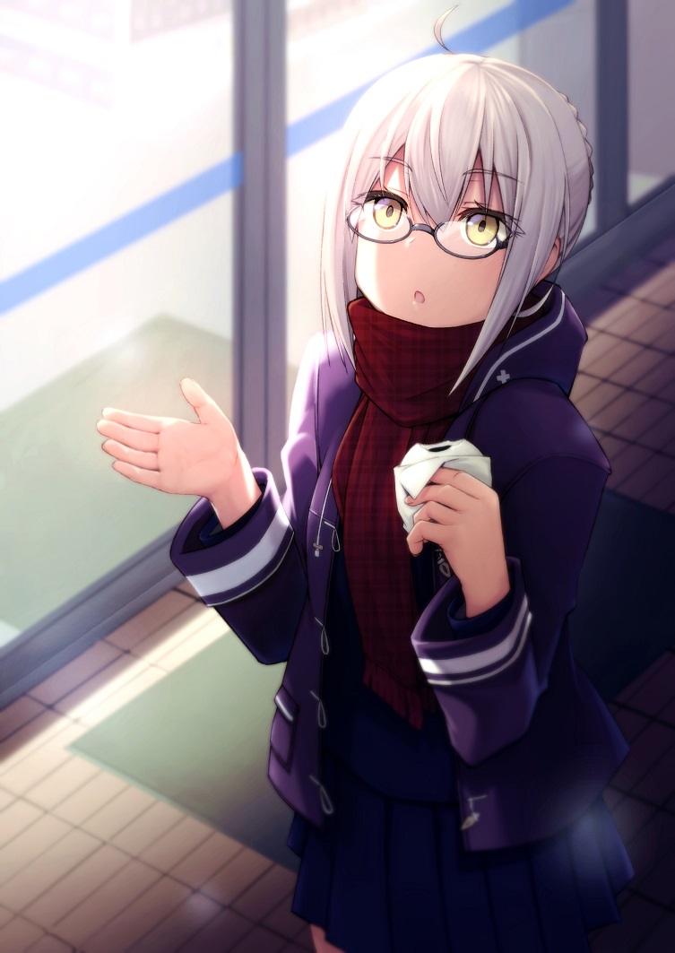 1girl :o ahoge artoria_pendragon_(all) bangs black-framed_eyewear black_shirt black_skirt blue_coat blurry braid depth_of_field duffel_coat eyebrows_visible_through_hair fate/grand_order fate_(series) food fringe_trim glasses hair_between_eyes hands_up holding holding_food hood hood_down hooded_coat kinata_1 long_sleeves looking_up miniskirt mysterious_heroine_x_(alter) outdoors parted_lips plaid plaid_scarf pleated_skirt red_scarf scarf semi-rimless_eyewear shirt sidelocks skirt snowing solo standing tied_hair unmoving_pattern white_hair yellow_eyes