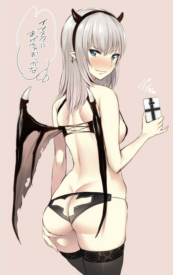 1girl aqua_eyes arm_at_side ass ass_cutout ass_support back bangs black_hairband black_horns black_legwear black_wings blush breasts butt_crack cellphone cellphone_camera closed_mouth commentary_request copyright_request cross_cutout demon_girl demon_horns demon_wings dimples_of_venus fake_horns from_behind grey_hair hairband halloween halloween_costume hand_up holding holding_cellphone holding_phone horns looking_at_viewer looking_back low_wings lowleg medium_breasts medium_hair nervous_smile noripachi nose_blush phone pinky_out pointy_ears shoulder_blades skindentation slit_pupils smartphone smartphone_case solo standing straight_hair strap_gap sweatdrop thigh-highs thought_bubble translation_request tsurime v-shaped_eyebrows wings