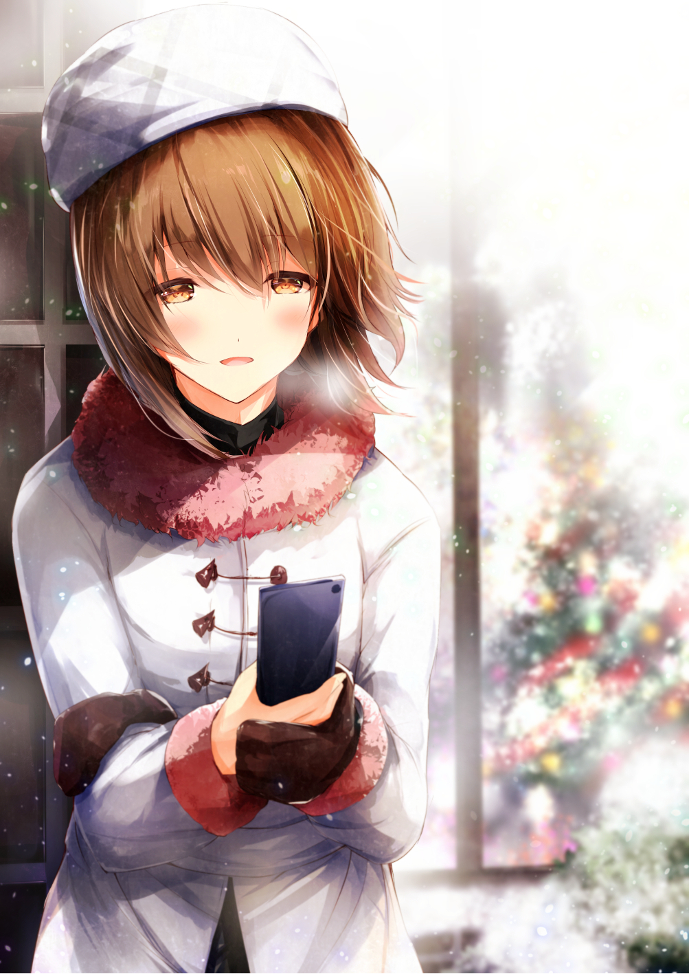 1girl blush brown_eyes brown_gloves brown_hair cellphone coat eyebrows_visible_through_hair floating_hair fur_coat gloves hagiwara_yukiho hair_between_eyes hat highres holding holding_phone idolmaster idolmaster_(classic) long_sleeves mittens open_mouth outdoors phone ro_risu short_hair smartphone solo standing upper_body white_coat white_hat winter_clothes winter_coat