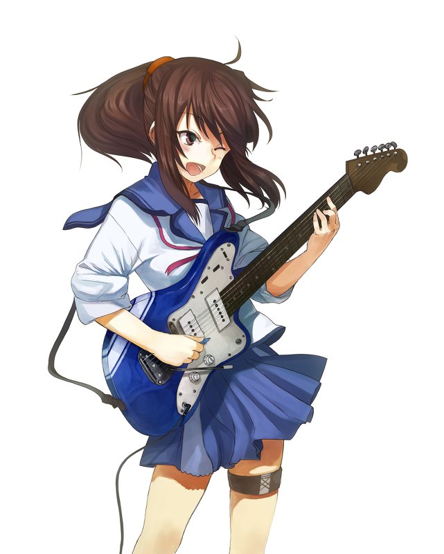 1girl ;d angel_beats! blue_sailor_collar blue_skirt brown_eyes brown_hair electric_guitar floating_hair guitar hair_ornament hisako_(angel_beats!) holding holding_instrument instrument long_hair miniskirt one_eye_closed open_mouth pleated_skirt ponytail sailor_collar school_uniform serafuku shirabi shirt simple_background skirt smile solo standing white_background white_shirt