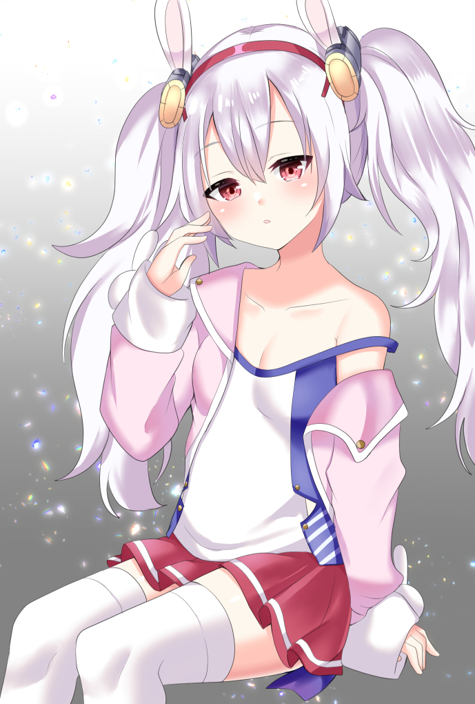 1girl animal_ears azur_lane bow breasts camisole collarbone commentary_request hair_ornament hairband jacket laffey_(azur_lane) long_hair long_sleeves looking_at_viewer misaki_(misaki86) off_shoulder open_clothes open_jacket parted_lips pink_jacket pleated_skirt rabbit_ears red_eyes red_hairband red_skirt silver_hair skirt sleeves_past_wrists small_breasts solo strap_slip thigh-highs twintails very_long_hair white_camisole white_legwear