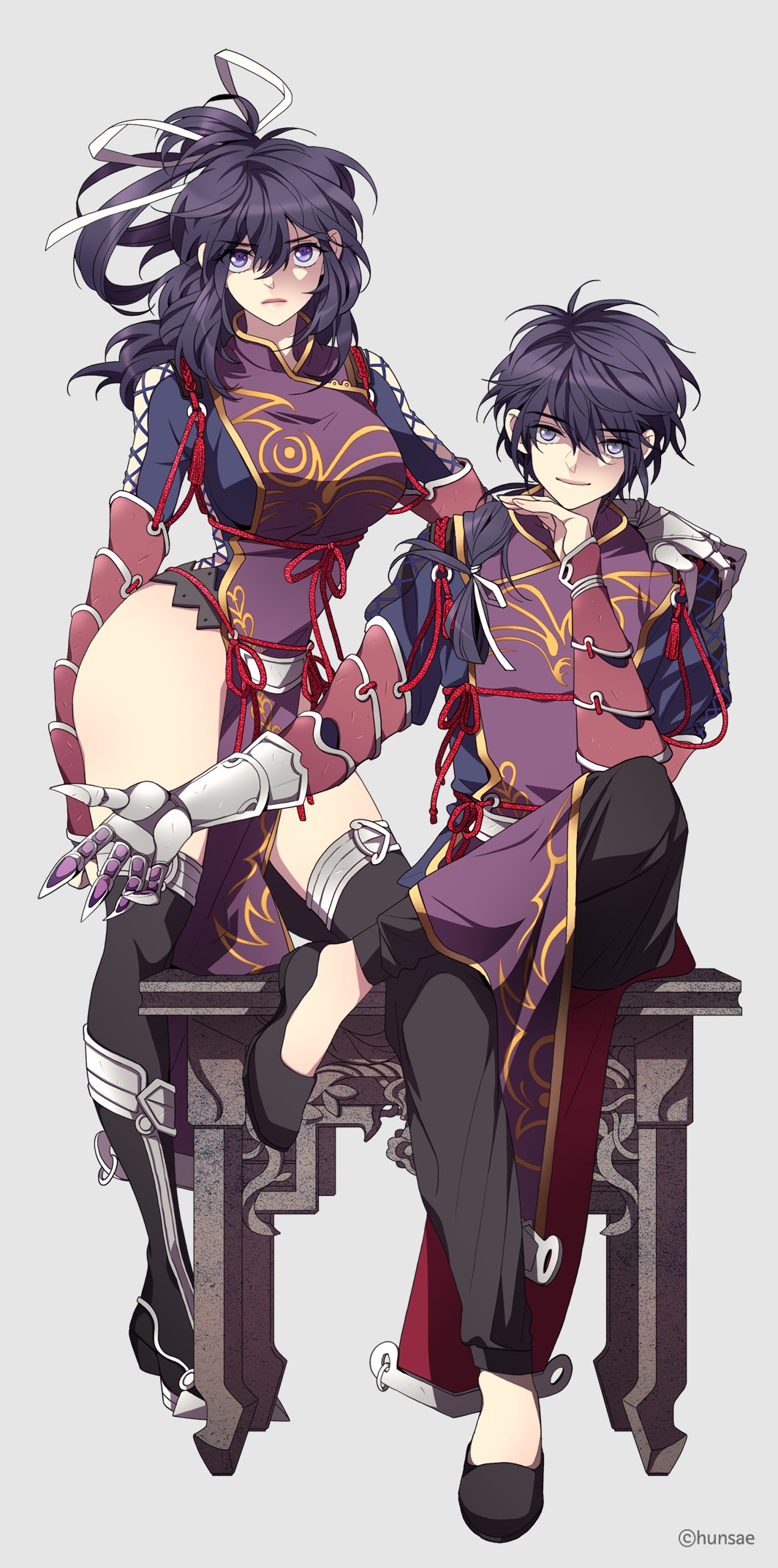 1boy 1girl ao_no_kiseki artist_name black_hair black_legwear boots breasts chin_rest chinese_clothes clawed_gauntlets dress dual_persona eiyuu_densetsu eyebrows_visible_through_hair eyes_visible_through_hair fishnets full_body gauntlets genderswap genderswap_(ftm) grey_background hair_between_eyes hair_ribbon hand_on_another's_shoulder highres large_breasts legs_crossed lips looking_at_viewer medium_hair pants pelvic_curtain ribbon rixia_mao sae_but_bu shoes simple_background sitting standing standing_on_one_leg tabard thigh-highs thigh_boots thighs violet_eyes zero_no_kiseki