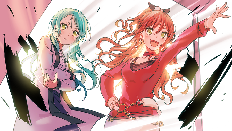 2girls :d aqua_hair bang_dream! bangs belt black_ribbon blue_dress brown_eyes brown_hair choker commentary_request crossed_arms dress earrings green_eyes grey_coat hair_ribbon halterneck hand_on_hip hikawa_sayo hoop_earrings imai_lisa jewelry long_sleeves multiple_girls official_art open_mouth outstretched_arm parted_lips red_choker red_shirt ribbon shirt smile v-shaped_eyebrows