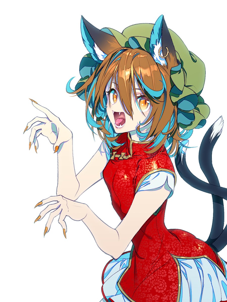 1girl adapted_costume animal_ear_fluff animal_ears bangs bare_arms breasts brown_hair cat_ears cat_tail chen china_dress chinese_clothes claw_pose commentary_request cowboy_shot dress earrings fangs fingernails green_hat hair_between_eyes hat highres jewelry mob_cap multiple_tails nail_polish nekomata open_mouth orange_nails pelvic_curtain red_dress sharp_fingernails short_hair side_slit simple_background skirt sleeveless sleeveless_dress small_breasts solo tail touhou two_tails white_background white_skirt yellow_eyes zounose