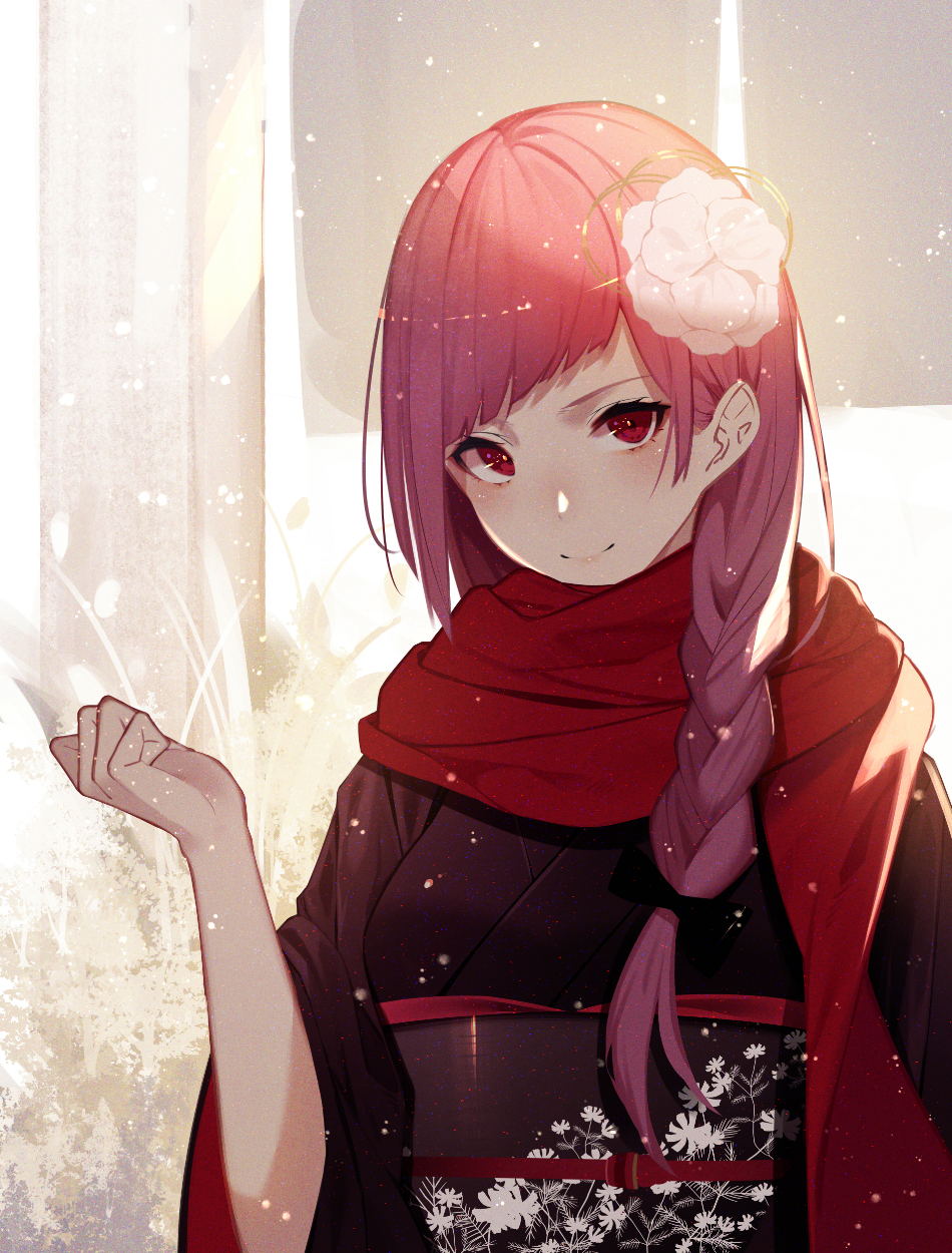 1girl bangs black_bow black_kimono bow braid closed_mouth commentary_request floral_print flower hair_bow hair_flower hair_ornament hair_over_shoulder hand_up head_tilt highres japanese_clothes kimono kisui_(user_wswf3235) long_hair long_sleeves looking_at_viewer obi original outdoors pink_eyes pink_hair red_scarf sash scarf single_braid smile snowing solo swept_bangs upper_body white_flower wide_sleeves winter