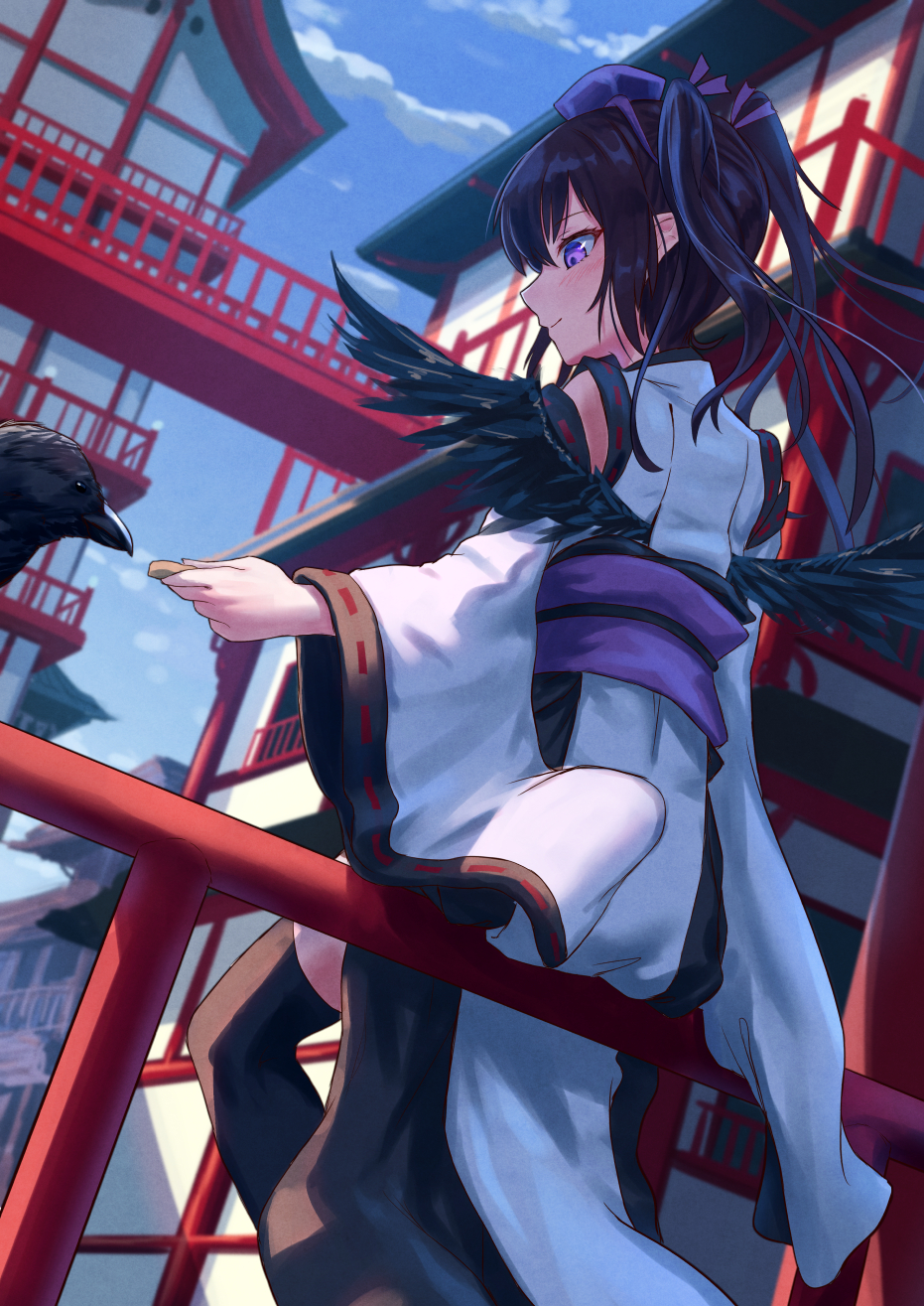 1girl alternate_costume bird black_hair black_legwear black_wings blue_sky building clouds commentary crow day detached_sleeves dutch_angle feathered_wings feet_out_of_frame food from_behind hair_ribbon hat highres himekaidou_hatate holding holding_food kourindou_tengu_costume long_hair long_sleeves looking_at_animal obi outdoors pointy_ears profile purple_ribbon purple_sash railing ribbon ribbon-trimmed_sleeves ribbon_trim roke_(taikodon) sash sitting sky smile solo thigh-highs tokin_hat touhou twintails violet_eyes wide_sleeves wings zettai_ryouiki