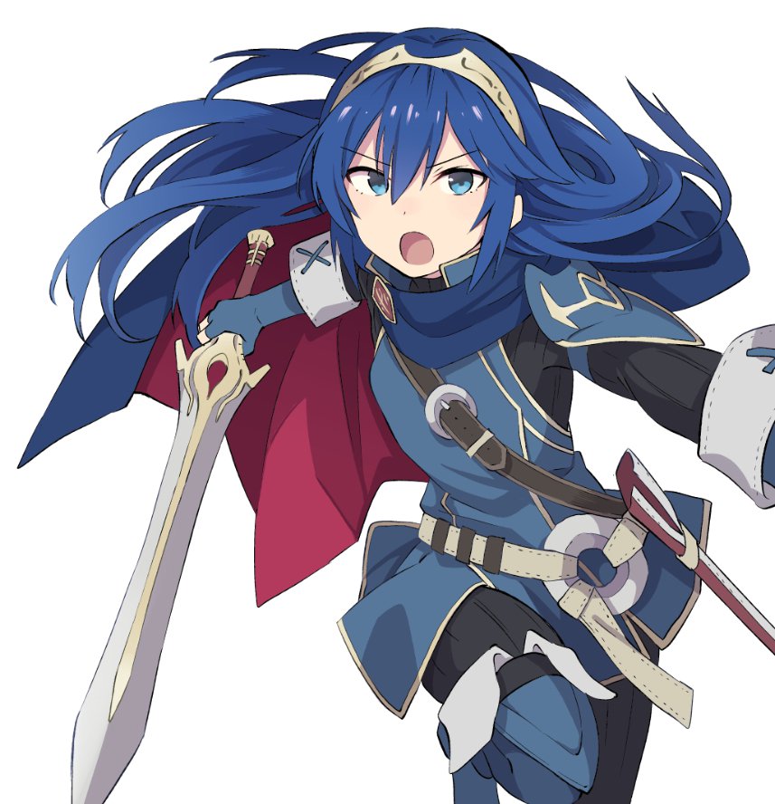 1girl aki_poi blue_eyes blue_hair blush cape falchion_(fire_emblem) fingerless_gloves fire_emblem fire_emblem:_kakusei gloves long_hair looking_at_viewer lucina nintendo open_mouth short_hair simple_background solo super_smash_bros. super_smash_bros._ultimate sword tiara weapon white_background