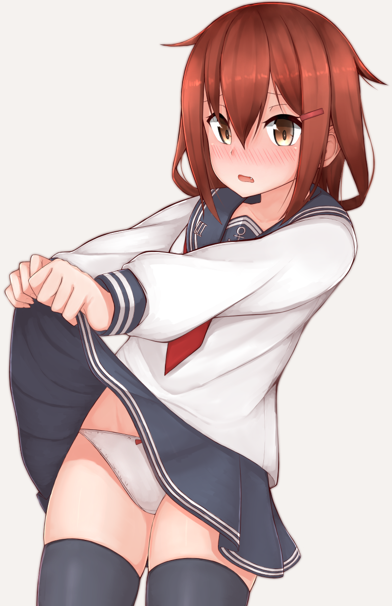 1girl bangs black_legwear blush bow bow_panties brown_eyes brown_hair commentary_request cowboy_shot eyebrows_visible_through_hair fang hair_between_eyes hair_ornament hairclip highres holding ikazuchi_(kantai_collection) kantai_collection lifted_by_self long_sleeves looking_at_viewer neckerchief open_mouth panties pleated_skirt school_uniform serafuku short_hair simple_background skirt solo standing thigh-highs thighs tiemu_(man190) underwear white_panties