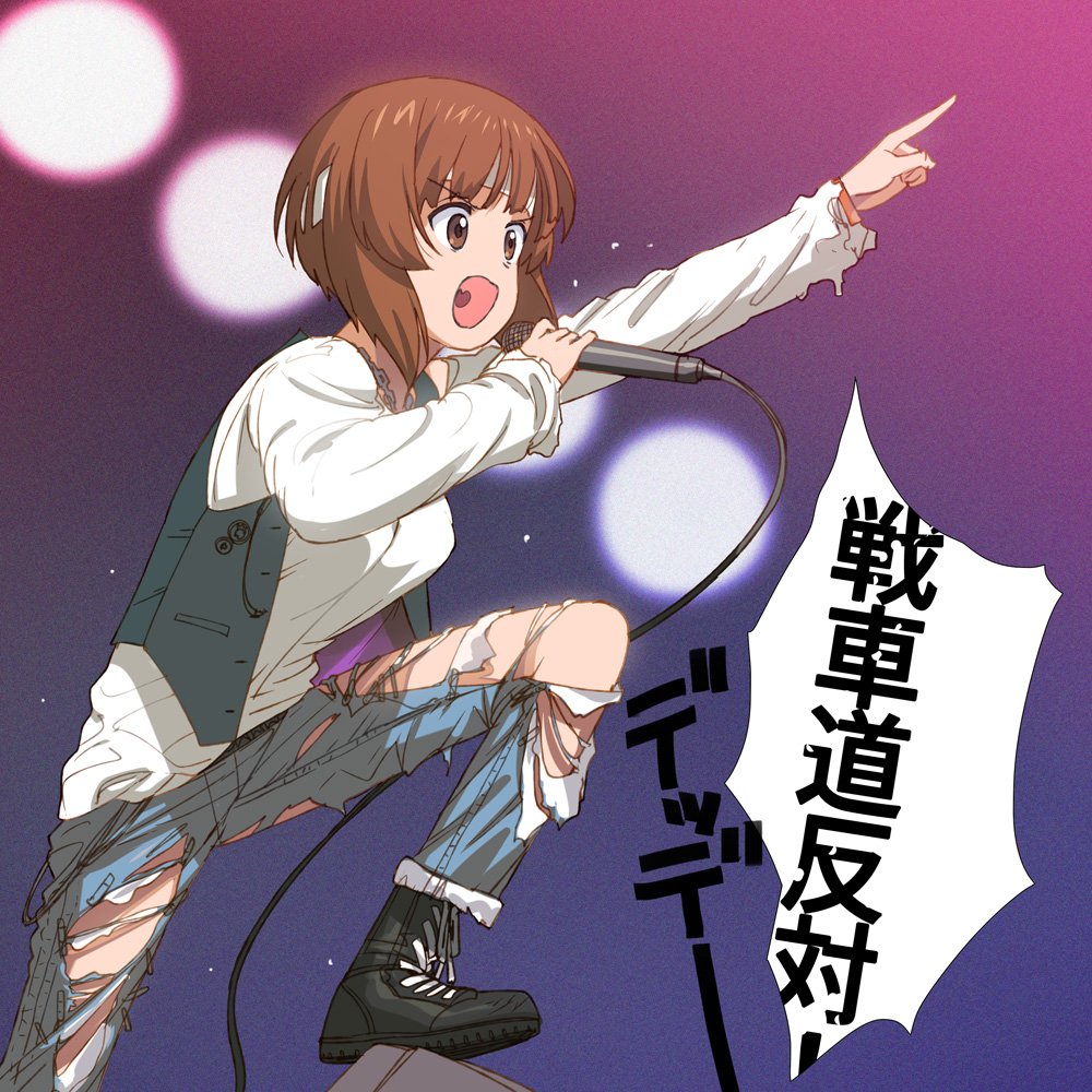 1girl a1 bangs black_footwear black_vest boots brown_eyes brown_hair chains commentary_request cross-laced_footwear denim foot_up girls_und_panzer holding holding_microphone jeans lace-up_boots long_sleeves microphone nishizumi_miho open_clothes open_mouth open_vest pants pointing shirt short_hair smile solo standing torn_clothes torn_jeans torn_pants translation_request v-shaped_eyebrows vest white_headband white_shirt