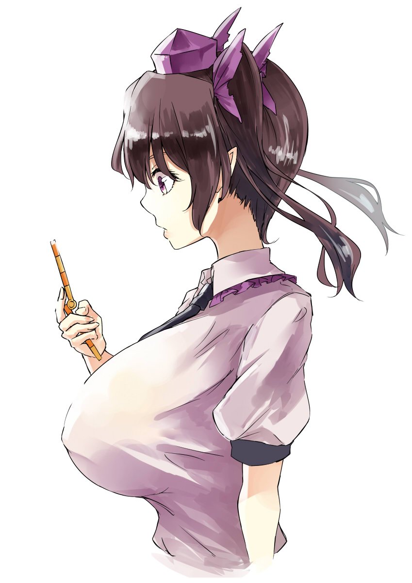 1girl breasts brown_hair cellphone commentary_request covered_nipples deetamu flip_phone from_side hat highres himekaidou_hatate holding holding_phone huge_breasts looking_at_phone necktie parted_lips phone pointy_ears puffy_short_sleeves puffy_sleeves short_hair short_sleeves short_twintails simple_background solo tokin_hat touhou twintails upper_body violet_eyes white_background