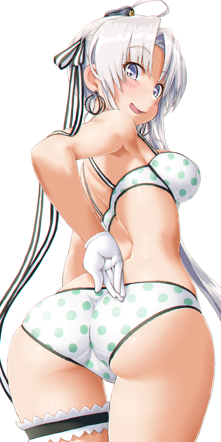 1girl ahoge akitsushima_(kantai_collection) ass bow bow_panties bra dd_(ijigendd) gloves grey_hair hair_ornament hair_ribbon hat highres kantai_collection long_hair looking_at_viewer looking_back mini_hat panties polka_dot polka_dot_bra polka_dot_panties ribbon side_ponytail sidelocks smile solo underwear underwear_only violet_eyes white_gloves