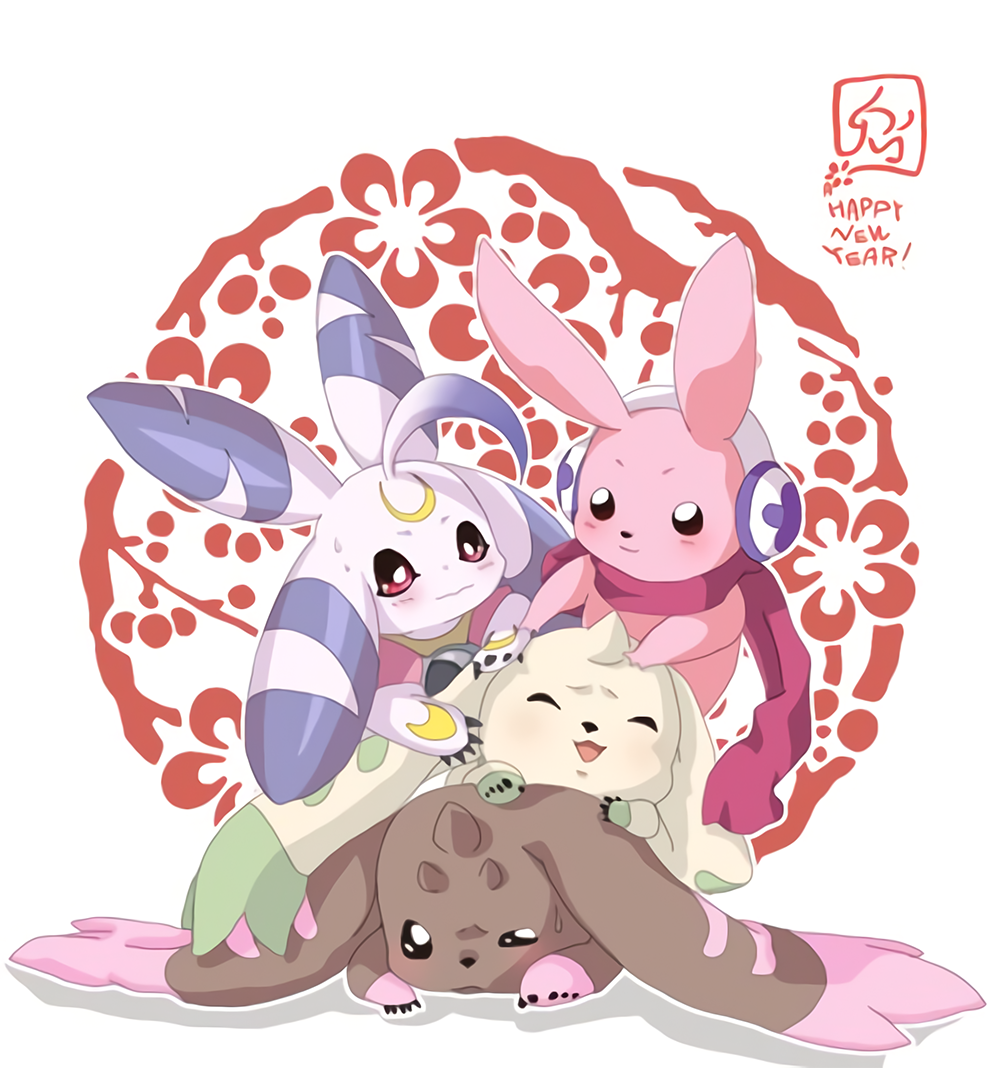 blush creature cutemon digimon digimon_dawn digimon_tamers digimon_xros_wars horn lopmon lunamon new_year open_mouth terriermon