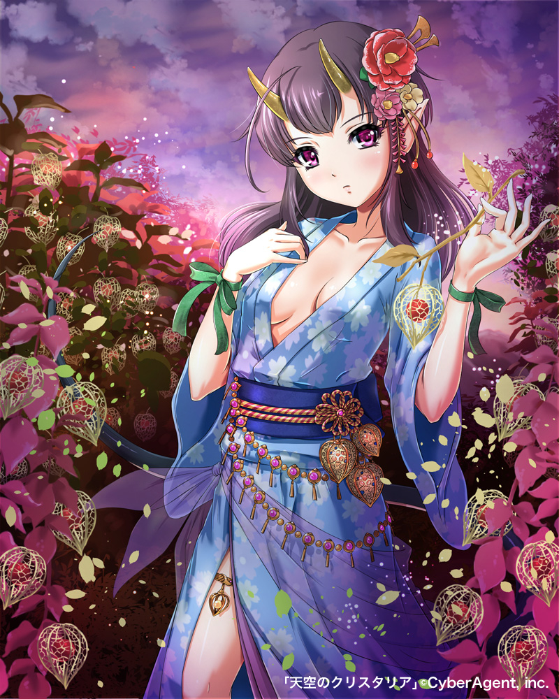 1girl blue_kimono breasts brown_hair cleavage clouds cloudy_sky collarbone floating_hair flower hair_flower hair_ornament horns japanese_clothes kimono long_hair looking_at_viewer medium_breasts obi pink_eyes red_flower sakiyamama sash sky solo tail tenkuu_no_crystalia thighlet yukata