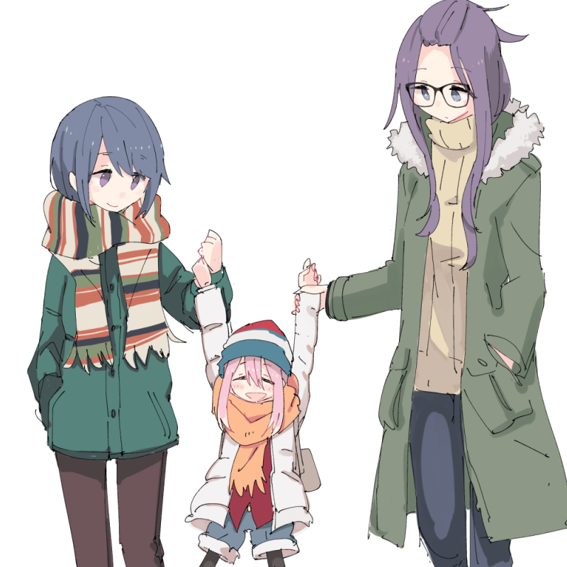 3girls age_difference arm_swinging bangs_pinned_back beanie black-framed_eyewear blue_hair blush commentary_request denim denim_shorts eyebrows_visible_through_hair fur_trim glasses hair_between_eyes hat hood hood_down hooded_jacket jacket jeans jitome kagamihara_nadeshiko kagamihara_sakura long_hair long_sleeves low_twintails multiple_girls orange_scarf pants pink_hair purple_hair ribbed_sweater scarf shima_rin shiroshi_(denpa_eshidan) shorts striped striped_scarf sweater swinging twintails very_long_hair violet_eyes winter_clothes younger yuri yurucamp