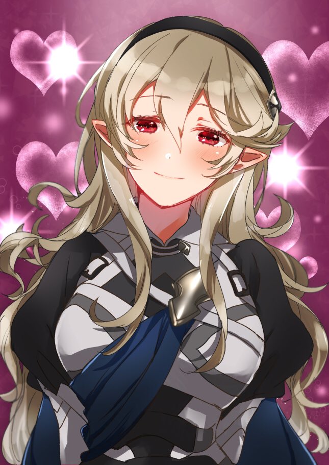 1girl armor black_hairband blush cape closed_mouth female_my_unit_(fire_emblem_if) fire_emblem fire_emblem_if hairband heart long_hair my_unit_(fire_emblem_if) nekolook nintendo pointy_ears red_eyes smile solo upper_body white_hair