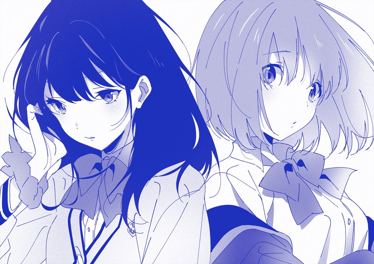 2girls adjusting_hair back-to-back bangs black_hair bow cardigan collared_shirt commentary_request eyebrows_visible_through_hair jacket long_hair long_sleeves looking_at_viewer monochrome multiple_girls ntend off_shoulder parted_lips school_uniform scrunchie shinjou_akane shirt short_hair ssss.gridman sweater takarada_rikka white_cardigan white_shirt wrist_scrunchie