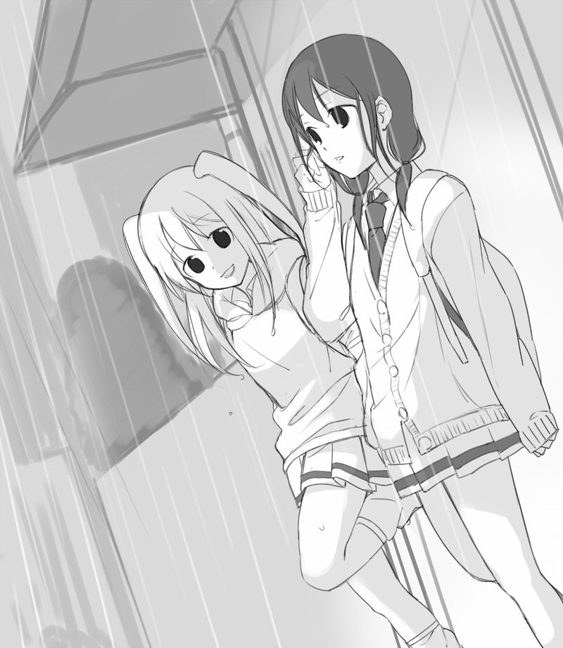 2girls :d cardigan greyscale hair_tucking hakka0320 hood hoodie loose_socks monochrome multiple_girls necktie nemoto_hina open_mouth parted_lips rain smile standing standing_on_one_leg tamura_yuri two_side_up watashi_ga_motenai_no_wa_dou_kangaetemo_omaera_ga_warui!