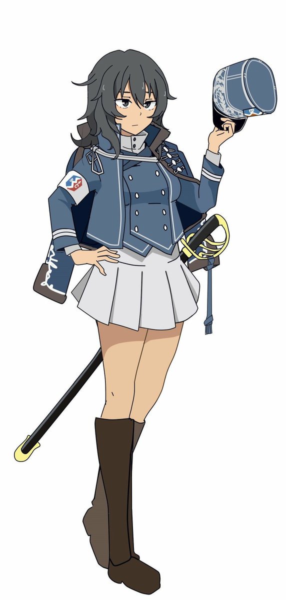 1girl adapted_uniform andou_(girls_und_panzer) bangs bc_freedom_(emblem) bc_freedom_military_uniform black_footwear black_hair blue_coat blue_hat blue_jacket blue_vest boots brown_eyes closed_mouth dark_skin dress_shirt emblem full_body girls_und_panzer hand_on_hip hat hat_removed headwear_removed high_collar highres holding holding_hat jacket jacket_on_shoulders knee_boots light_frown long_sleeves medium_hair messy_hair military military_hat military_uniform miniskirt perfect_han pleated_skirt saber_(weapon) shako_cap shirt simple_background skirt solo standing sword uniform vest weapon white_background white_shirt white_skirt