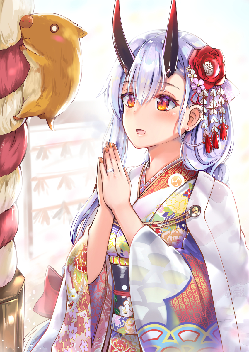 1girl :d animal bangs blue_sky blurry blurry_background blush boar chinese_zodiac clouds cloudy_sky commentary_request day depth_of_field eyebrows_visible_through_hair fate/grand_order fate_(series) fingernails floral_print flower hair_between_eyes hair_flower hair_ornament hands_up highres horns japanese_clothes jewelry kimono konka long_hair looking_at_animal looking_away looking_up nail_polish obi oni oni_horns open_mouth orange_nails outdoors own_hands_together palms_together praying print_kimono purple_flower red_eyes red_flower ring sash silver_hair sky smile solo tomoe_gozen_(fate/grand_order) white_flower white_kimono year_of_the_pig