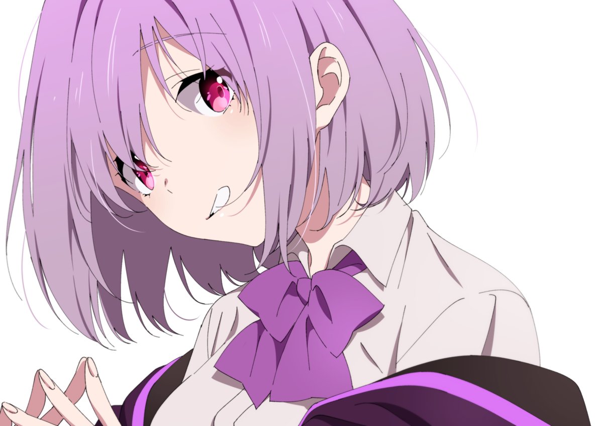 1girl bangs bow collared_shirt commentary_request eyebrows_visible_through_hair fingers_together grin head_tilt jacket lavender_hair long_sleeves looking_at_viewer ntend off_shoulder purple_bow purple_jacket purple_neckwear shinjou_akane shirt short_hair smile ssss.gridman white_shirt