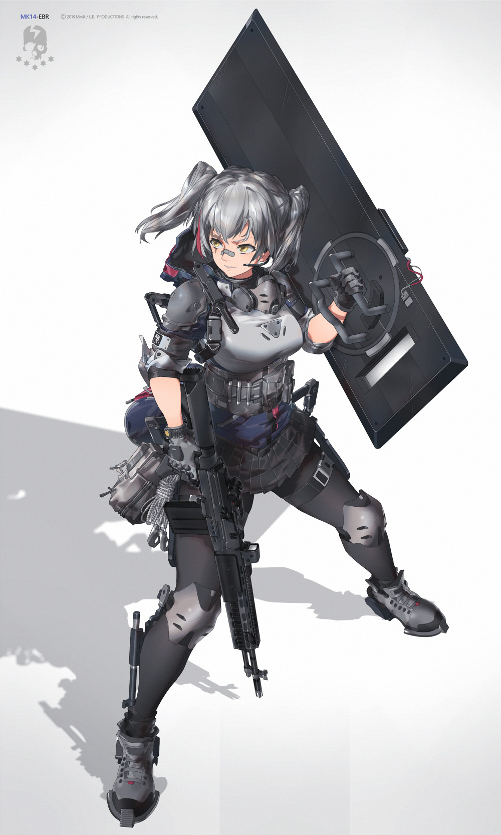 1girl gun highres md5_mismatch mivit original rifle shield silver_hair tagme twintails weapon yellow_eyes