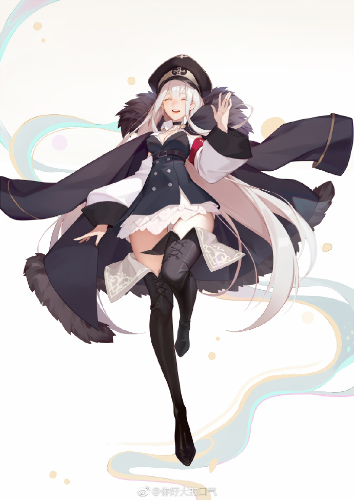 1girl armband artist_request boots closed_eyes fur_collar girls_frontline hat iron_cross jacket_on_shoulders kar98k_(girls_frontline) long_hair military military_uniform peaked_cap smile solo thigh-highs thigh_boots uniform waving white_hair