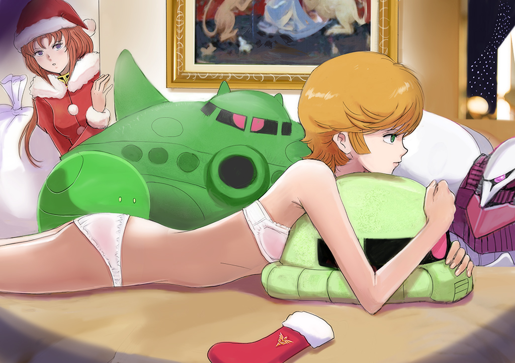 2girls blonde_hair blue_eyes bra brown_hair floating_hair fur-trimmed_hat gacha-m gift_bag green_eyes gundam gundam_unicorn haro hat long_hair lying marida_cruz mineva_lao_zabi multiple_girls on_stomach panties parted_lips red_hat santa_costume santa_hat shiny shiny_hair short_hair underwear underwear_only white_bra white_panties