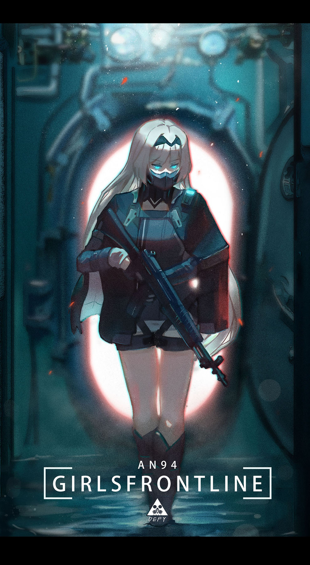 1girl alcoholism_(wf446066985) an-94 an-94_(girls_frontline) assault_rifle bangs black_gloves blonde_hair blue_eyes boots cape commentary_request eyebrows_visible_through_hair full_body girls_frontline gloves glowing glowing_eyes gun hairband highres holding holding_gun holding_weapon jacket long_hair long_sleeves looking_to_the_side magazine_(weapon) mask rifle short_shorts shorts sidelocks solo trigger_discipline very_long_hair walking weapon