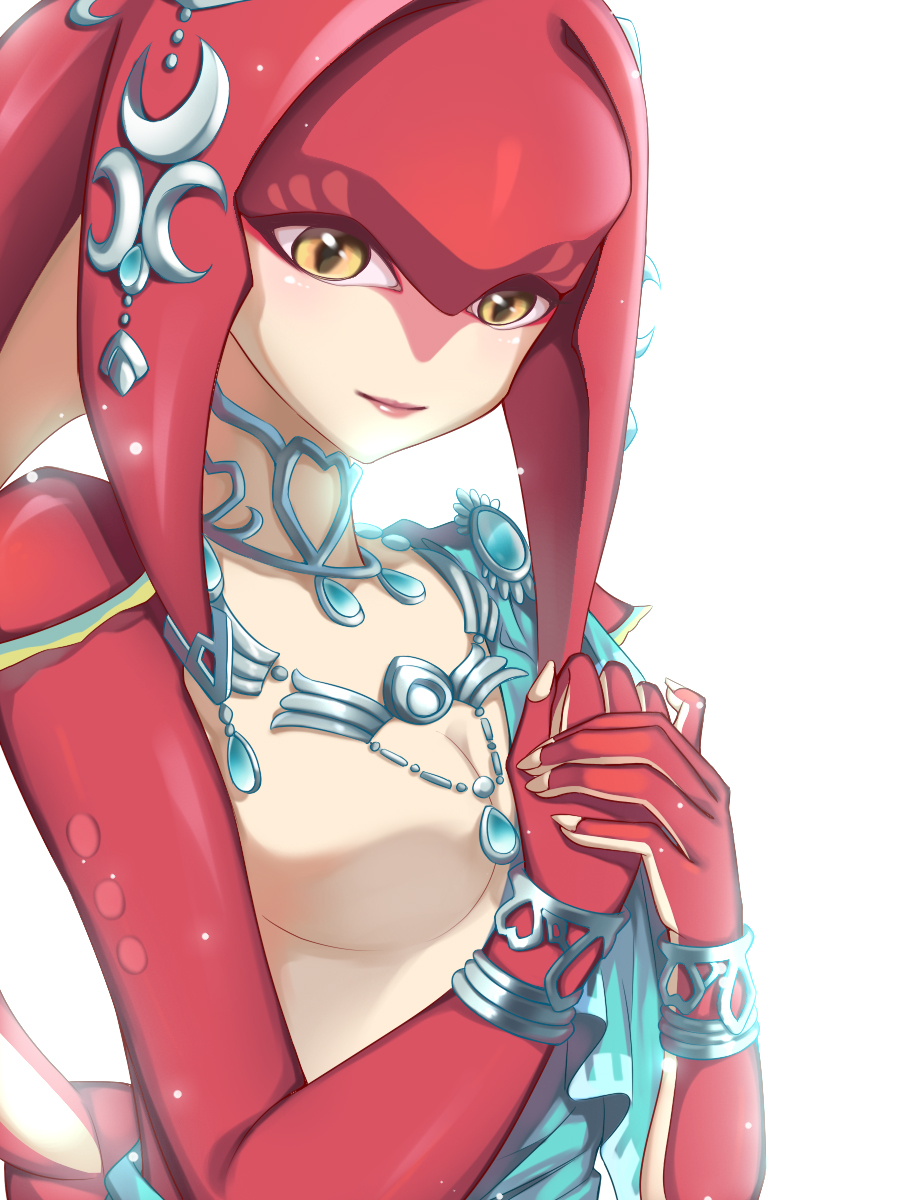 1girl bracelet breasts cleavage fins fish_girl hair_ornament hands_together highres jewelry long_hair looking_at_viewer medium_breasts mipha monster_girl multicolored multicolored_skin necklace nintendo red_skin redhead sanqian_hui simple_background solo the_legend_of_zelda the_legend_of_zelda:_breath_of_the_wild upper_body white_background yellow_eyes zora