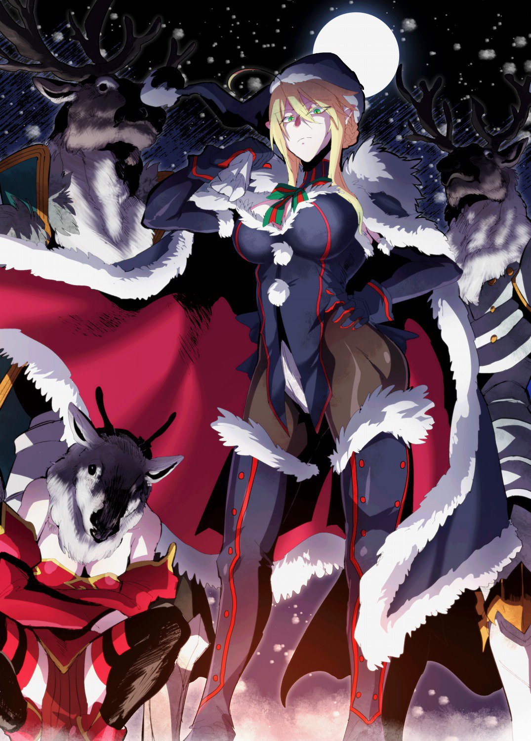 2girls animal_costume antlers artoria_pendragon_(all) artoria_pendragon_(lancer_alter) blonde_hair breasts cleavage fate/grand_order fate_(series) full_moon green_eyes hair_between_eyes hand_on_hip hat highres large_breasts looking_at_viewer moon mordred_(fate)_(all) multiple_girls reindeer_antlers reindeer_costume ribbon santa_costume santa_hat snowing squatting takatsuki_nato thigh-highs thighs