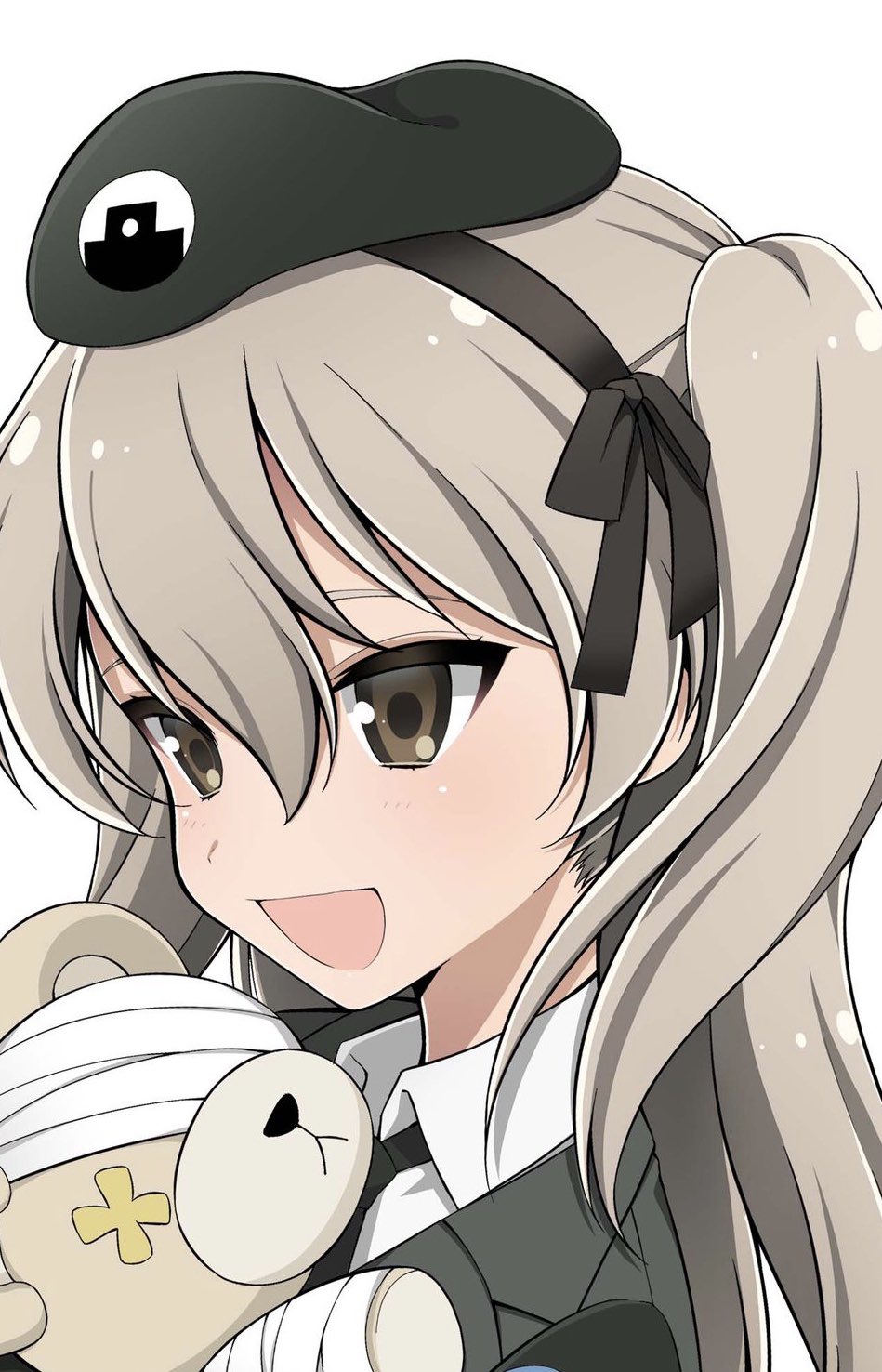 1girl :d bad_id bad_twitter_id bangs beret black_hat black_jacket black_neckwear boko_(girls_und_panzer) brown_eyes commentary dress_shirt emblem girls_und_panzer hat highres holding holding_stuffed_animal jacket japanese_tankery_league_(emblem) light_blush light_brown_hair long_hair long_sleeves military military_hat military_uniform necktie open_mouth portrait ruruepa selection_university_military_uniform shimada_arisu shirt side_ponytail simple_background smile solo stuffed_animal stuffed_toy teddy_bear uniform white_background white_shirt