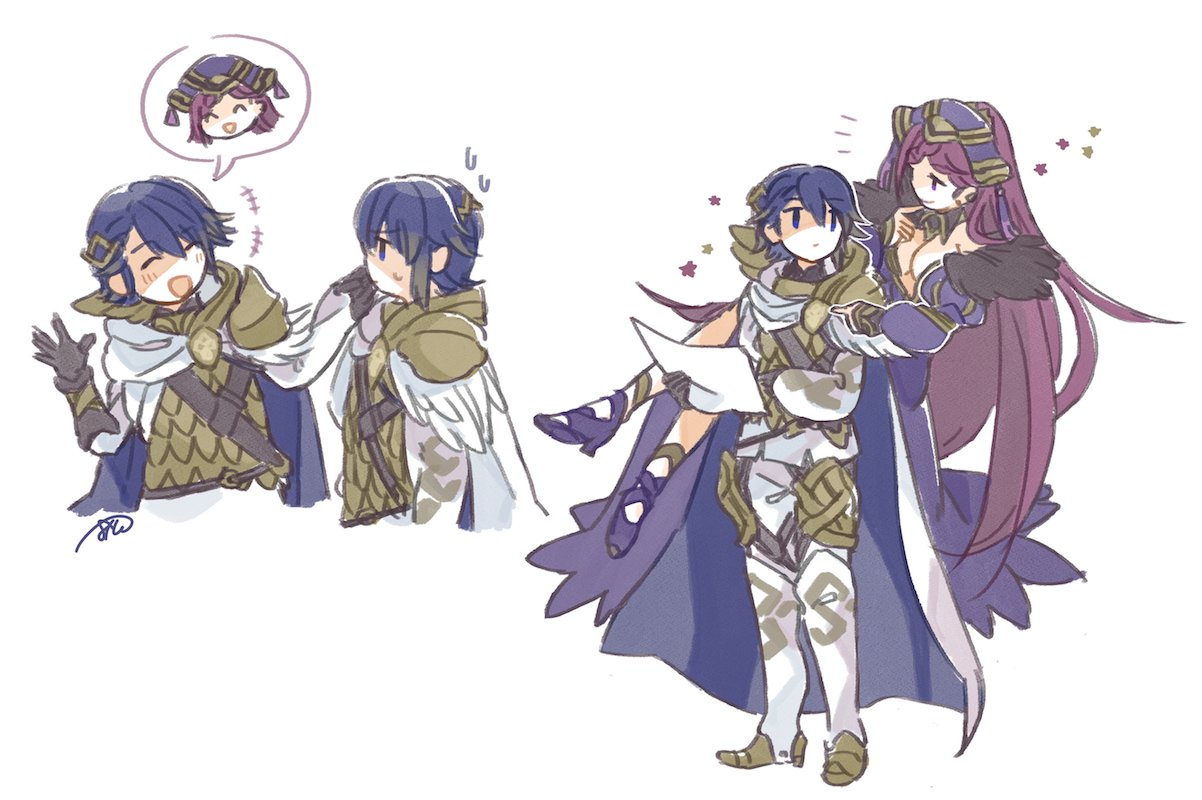 1boy 1girl alfonse_(fire_emblem) armor blonde_hair blue_eyes blue_hair blush breasts cape cleavage closed_eyes closed_mouth commentary_request dress earrings eyebrows_visible_through_hair fire_emblem fire_emblem_heroes floating flower gradient_hair hair_ornament hat holding holding_paper jewelry loki_(fire_emblem_heroes) long_hair looking_at_another multicolored_hair murabito_ba nintendo open_mouth paper purple_dress purple_hair signature simple_background smile violet_eyes white_background