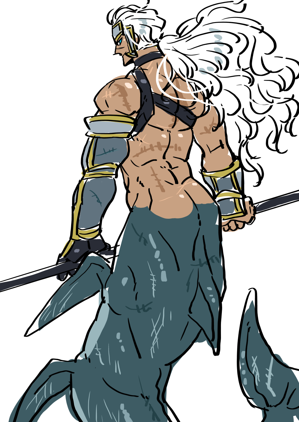 1boy from_behind gauntlets highres long_hair looking_back male_focus merman monster_boy muscle original polearm ponytail scar shirtless simple_background single_gauntlet solo tarousanlove1 weapon white_background white_hair