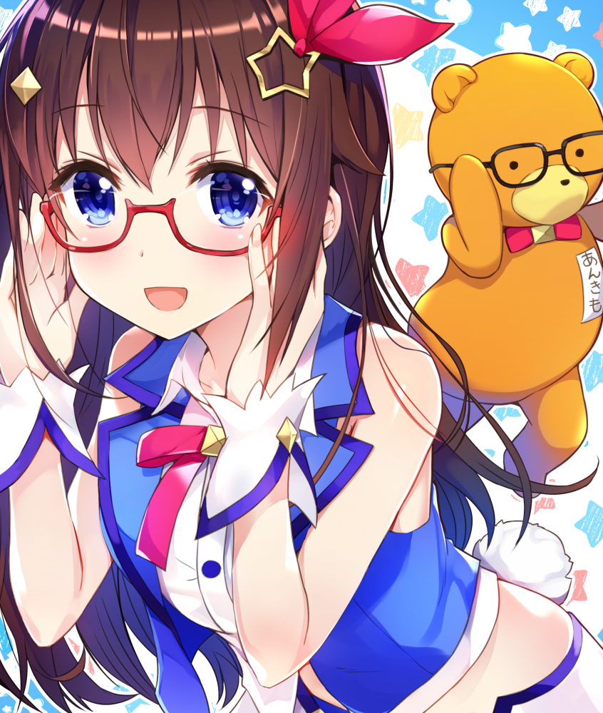 1girl :d amagai_tarou bangs bare_shoulders bespectacled black-framed_eyewear blue_eyes blue_vest blush breasts brown_hair bunny_tail buttons collared_shirt commentary_request crop_top eyebrows_visible_through_hair glasses hair_ornament hands_on_eyewear hands_up leaning_forward long_hair looking_at_viewer midriff neck_ribbon open_mouth red-framed_eyewear red_neckwear red_ribbon ribbon semi-rimless_eyewear shirt sidelocks sleeveless sleeveless_shirt smile solo star star_hair_ornament starry_background stuffed_animal stuffed_toy tail teddy_bear tokino_sora tokino_sora_channel upper_body vest virtual_youtuber white_shirt wing_collar wrist_cuffs