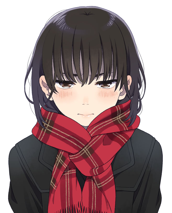 1girl black_hair blush brown_eyes looking_at_viewer mattaku_mousuke original scarf short_hair solo upper_body white_background