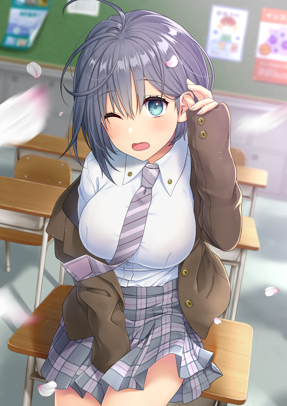 1girl ahoge animal_ears bad_id bad_pixiv_id bangs blazer blue_eyes blurry blurry_background blush breasts brown_jacket chair cherry_blossoms collared_shirt commentary_request daidai_jamu depth_of_field desk diagonal_stripes dress_shirt eyebrows_visible_through_hair fingernails grey_hair grey_skirt hair_between_eyes highres indoors jacket large_breasts long_sleeves necktie off_shoulder on_desk one_eye_closed open_blazer open_clothes open_jacket open_mouth original petals plaid plaid_skirt school_chair school_desk school_uniform shirt sitting sitting_on_desk skirt sleeves_past_fingers sleeves_past_wrists solo striped striped_neckwear white_shirt